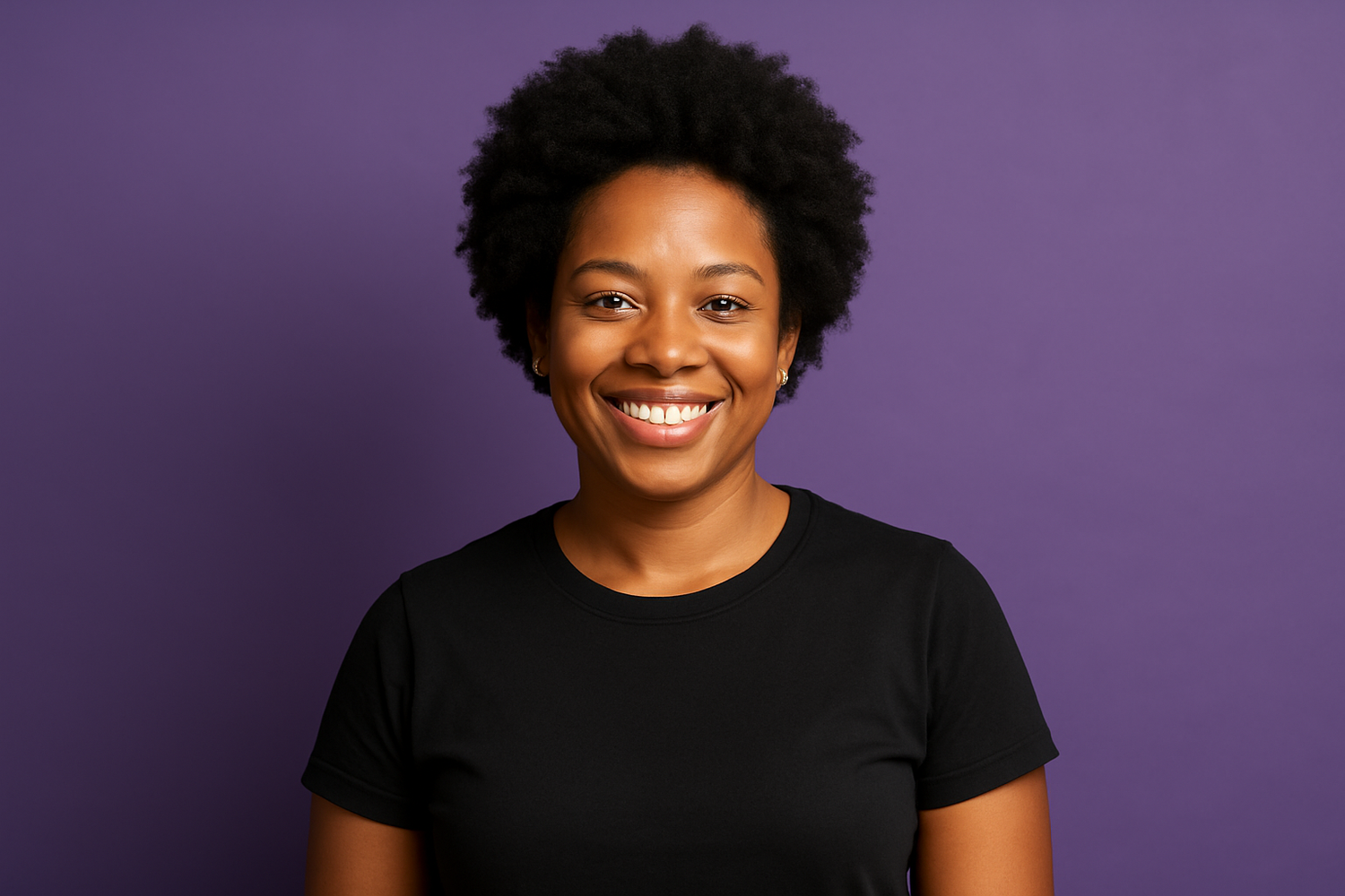 show her from the waist up. Make the tshirt dark black. Make the background purple ( #442359 slightly transparent)